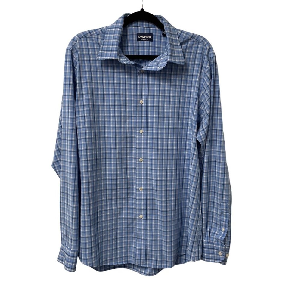 LANDS’ END SHIRT PERFORMANCE MENS L PLAID STRETCH BUTTON UP REGULAR FIT BLUE
